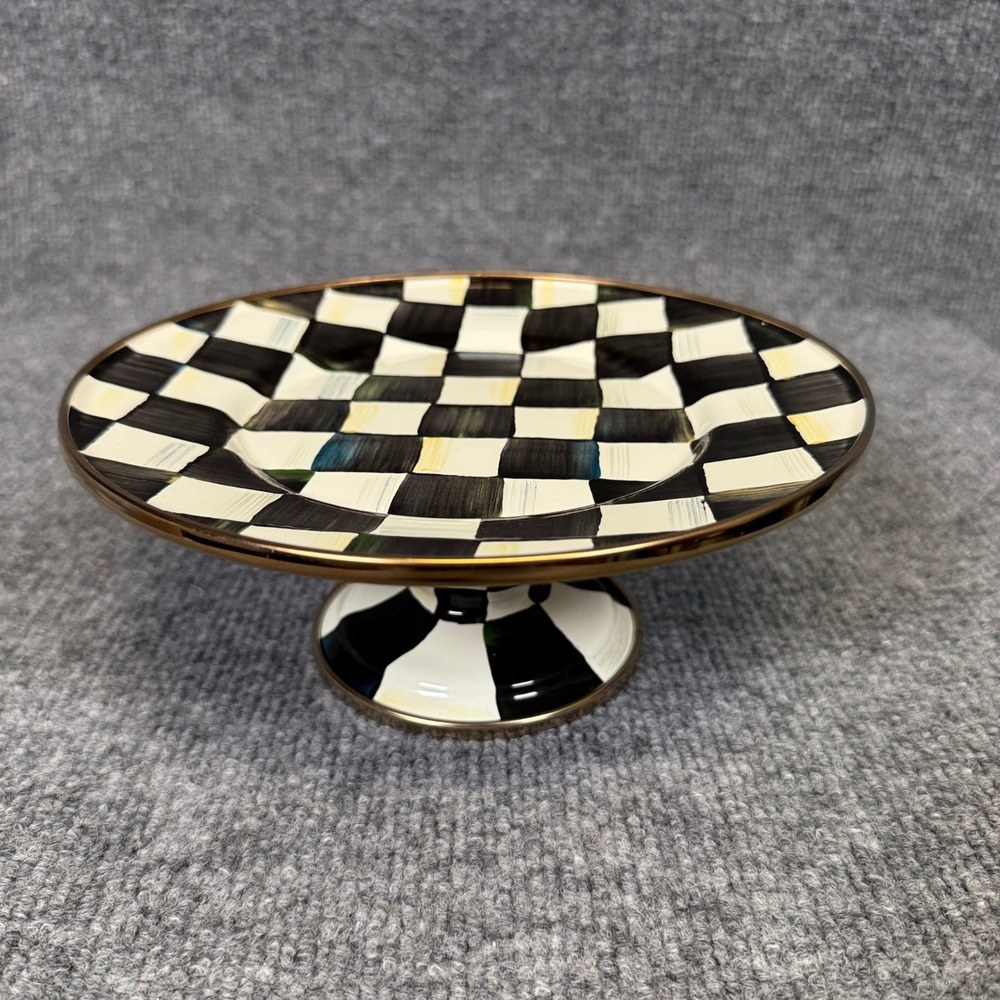 MacKenzie Childs Pedestal Platter Mini Courtly Check Enamel Black 8 Inch Party